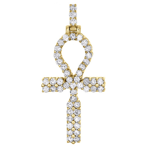 10K Yellow Gold Diamond 3D Ankh Cross Pendant 2" Mens Prong Set Charm 3.15 Ct.