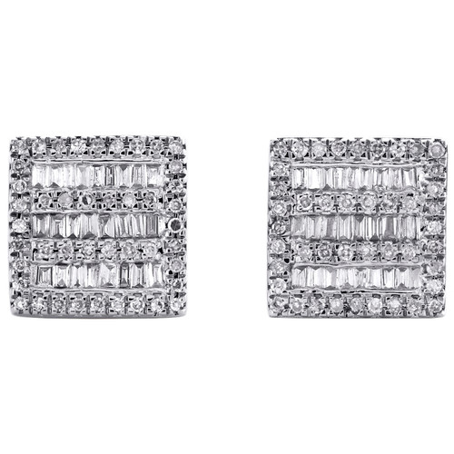 10K White Gold Round & Baguette Diamond Square Frame Earrings 10mm Stud 1/2 CT.