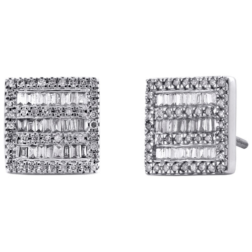 10K White Gold Round & Baguette Diamond Square Frame Earrings 10mm Stud 1/2 CT.