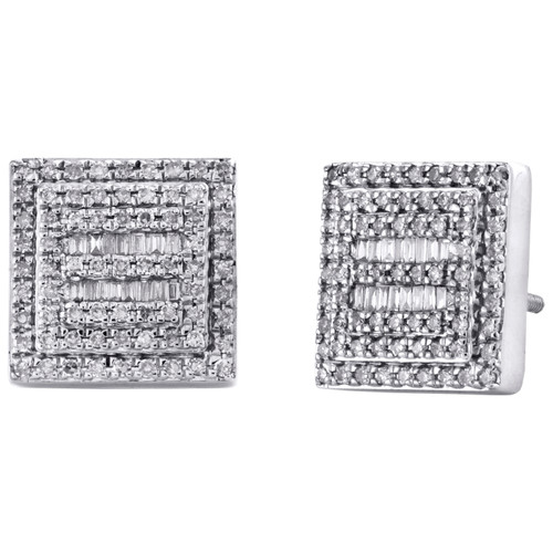 10K White Gold Round & Baguette Diamond Square Frame Earrings 11mm Stud 0.62 CT.