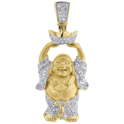 Diamond Laughing Buddha Pendant Mens 10K Yellow Gold Round Pave Charm 0.40 Tcw.