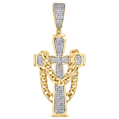 10K Yellow Gold Genuine Diamond Cuban Link Cross Pendant 2" Pave Charm 3/8 CT.