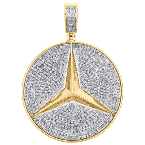 10K Yellow Gold Real Diamond Mercedes Medallion Logo Pendant 2.10" Charm 1.75 CT
