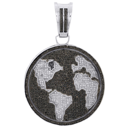 Sterlingsilber-Weltkartenanhänger mit Diamanten in Schwarz und Weiß, 7,6 cm, Globus-Charm, 2,94 ct.