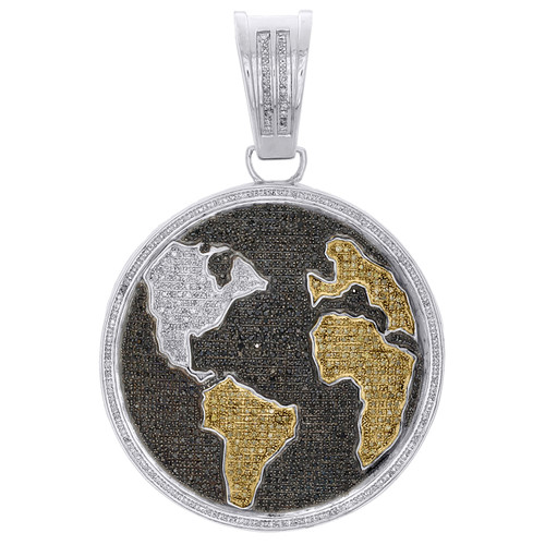Anhänger mit Weltkarte aus Sterlingsilber mit Diamanten in Schwarz, Gelb und Weiß, 7,6 cm, 2,90 ct.