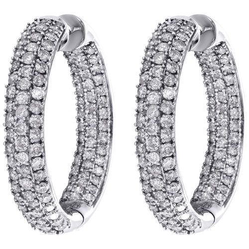 14K White Gold Pave Set Round Diamond Hoop In & Out 27mm Huggie Earrings 2.87 CT