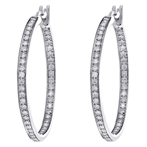 14K White Gold Pave Set Round Diamond Hoop In & Out 37mm Ladies Earrings 1 CT.