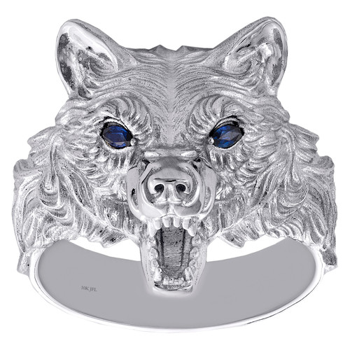 10K White Gold Blue Sapphire Gemstone Texture Wolf Frame Statement Ring 0.10 CT.