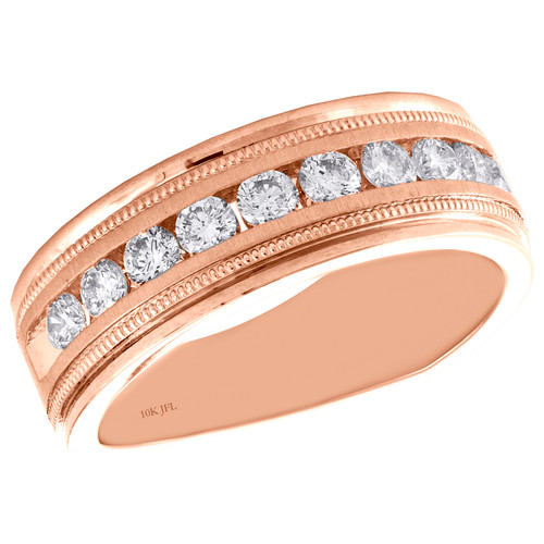 alliance en or rose 10 carats avec diamants ronds, ensemble de canaux milgrain, bague de 7,75 mm, 1 ct.