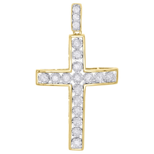 10K Yellow Gold Diamond Dome Cross Pendant 1.90" Mens Channel Set Charm 1 CT.