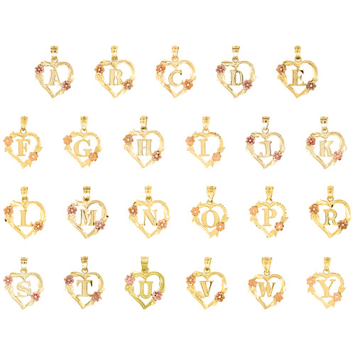 10K Two Tone Gold Rose Floral Heart Frame Initial Charms Small Pendants | A to Y