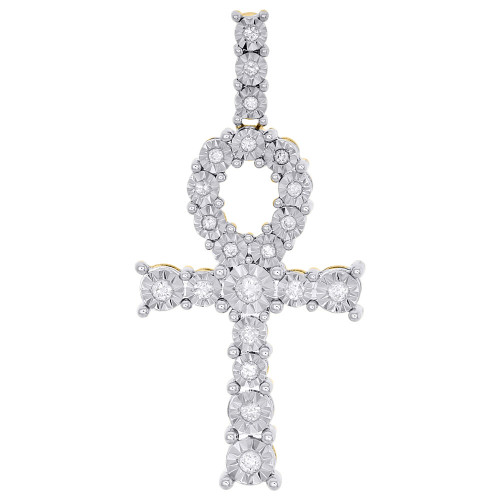 10K Yellow Gold Diamond Egyptian Ankh Cross Pendant 1.90" Prong Set Charm 1/2 CT.