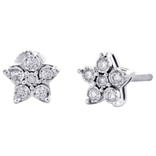 10K White Gold Round Diamond Star Frame Studs Illusion Statement Earrings 1/8 CT