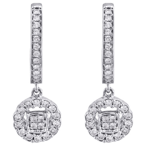 boucle d'oreille cocktail en or blanc 14 carats avec grappe de diamants ronds pendante / goutte de 1" 1/2 ct.