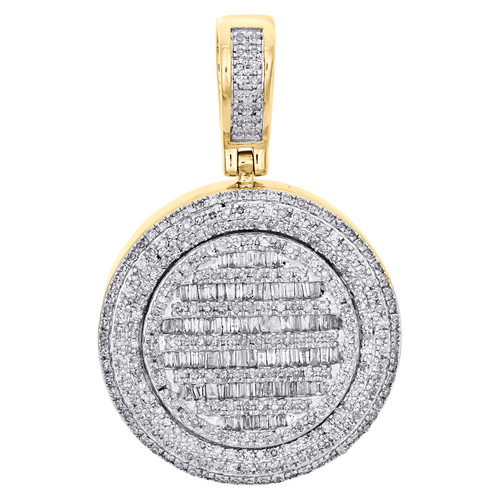 10K Yellow Gold Baguette Diamond Circle Medallion Pendant 1.45" Charm 1.33 CT.
