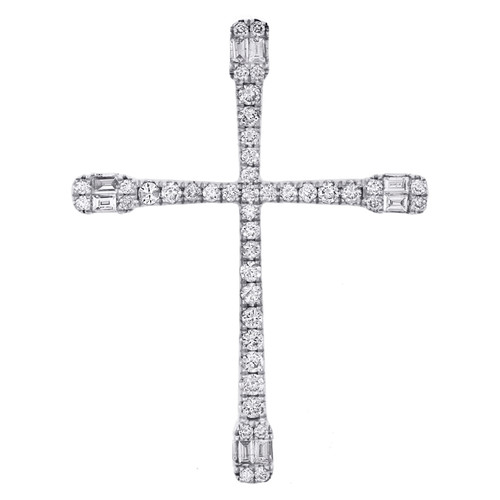 14K White Gold Baguette Diamond Cluster Cross Pendant 1.50" Slide  Charm 3/4 CT.