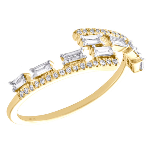 14K Yellow Gold Round & Baguette Diamond Bypass Statemenet Stackable Ring 1/3 CT