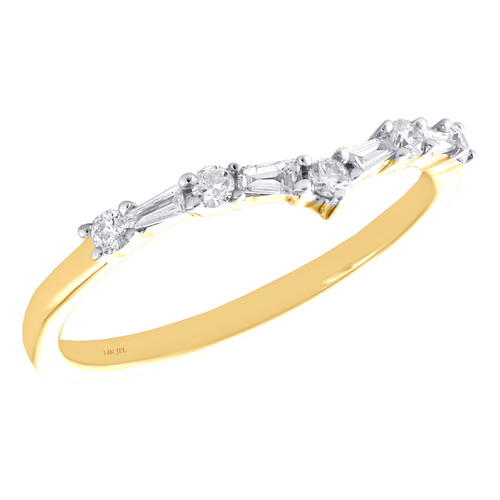 14K Yellow Gold Baguette Diamond Anniversary Band Stackable Contour Ring 1/5 CT.