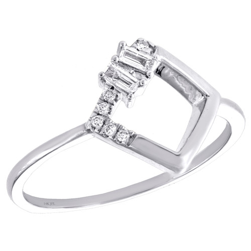 14K White Gold Baguette Diamond Geometric Cluster Band Open Sqaure Ring 1/10 CT.
