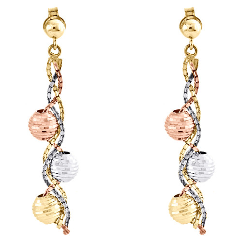 aretes colgantes con cuentas de talla diamante retorcidas de oro tricolor de 14k colgantes de 1.65"