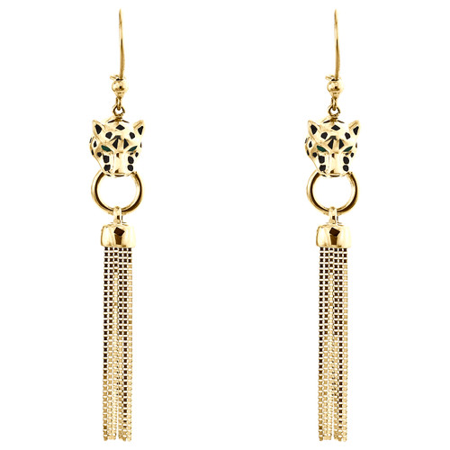 boucles d'oreilles pendantes en or jaune 14 carats avec tête de panthère en émail noir et lustre 2,85"