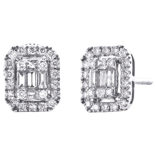 14K White Gold Round & Baguette Cut Diamond Halo Stud 9mm Cluster Earring 1/2 CT