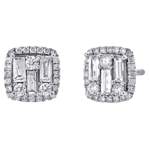 14K White Gold Baguette Diamond Square Halo Frame Stud 9mm Cluster Earrings 1 CT