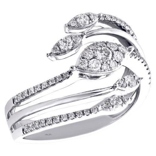 14K White Gold Round Diamond Tiered Open Bypass Leaf Wrap Cocktail Ring 1/2 CT.