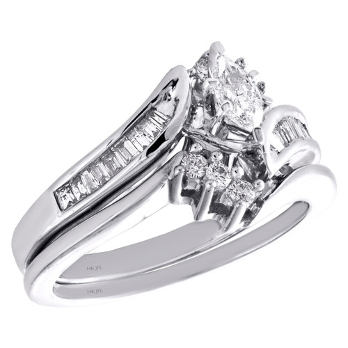 14K White Gold Marquise Solitaire Diamond Engagement + Wedding Bridal Set 1/2 CT