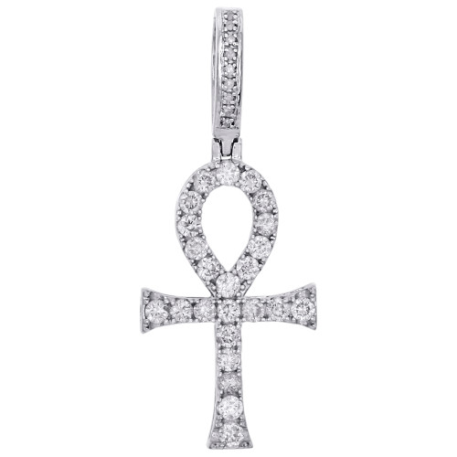 pendentif croix ankh en or blanc 10 carats avec véritable diamant serti de griffes, breloque de 1,40 po, 1/2 ct.