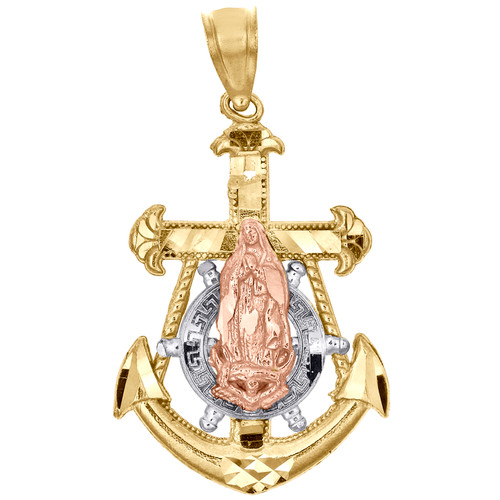 10K Yellow, White & Rose Gold Anchor Mother Virgin Mary Body Pendant 1.25" Charm