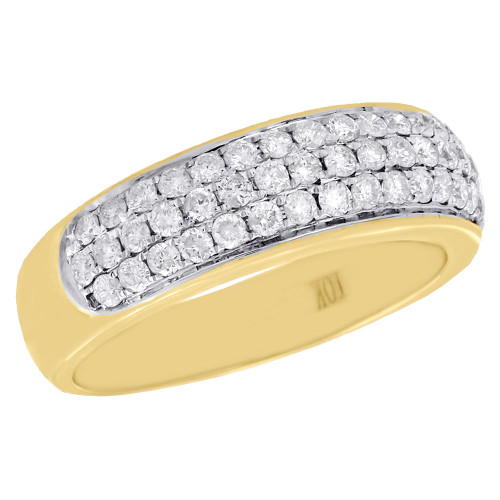 Herre 10 karat gult guld rund diamant kuppel bryllup band pave 3 rækker ring 6,75 mm 1 ct