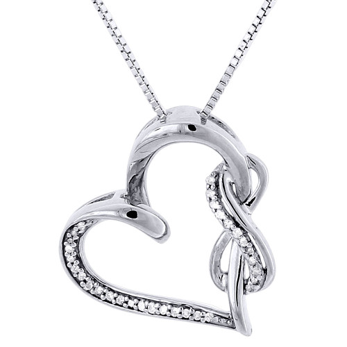 Diamond Heart Pendant Sterling Silver Infinity Charm Necklace with Chain .12 Ct