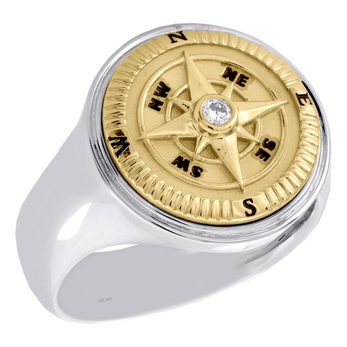 10K Two Tone Gold Round Diamond Compass Ring 18.50mm Mens Signet Band 0.06 CT.