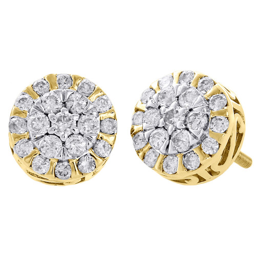 10K Yellow Gold 3D Diamond Studs Flower Set Circle Frame 9.75mm Earrings 1 Ct.