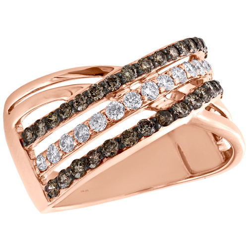 10K Rose Gold Brown Diamond Women's 3 Row Crossover Right Hand Ring 0.87 Ct.