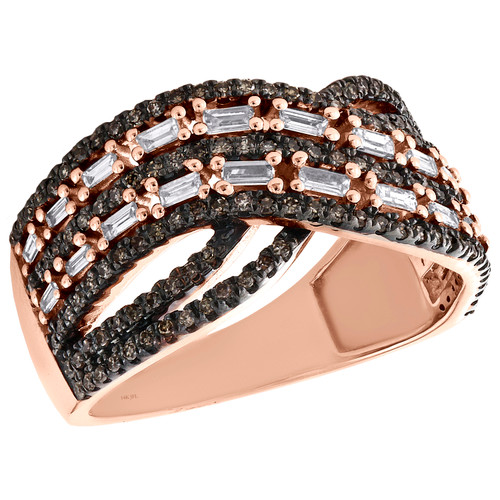 14K Rose Gold Baguette & Brown Diamond Women's Crossover Right Hand Ring 0.75 Ct