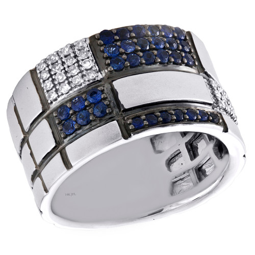 14K White Gold Real Sapphire & Diamond Wedding Band 12mm Statement Ring 3/8 CT.