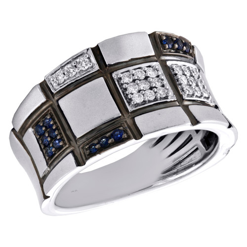 14K White Gold Real Sapphire & Diamond Wedding Band 12mm Statement Ring 1/4 CT.