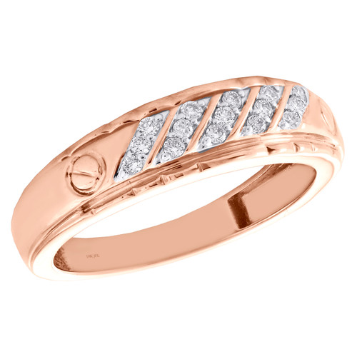 alianza de boda con diamantes redondos genuinos en oro rosa de 10 quilates, anillo de tornillo para hombre de 6,50 mm, 1/5 qt.
