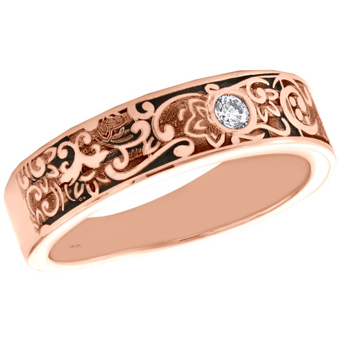 14K Rose Gold Round Diamond Floral Wedding Band 6mm Mens Statement Ring 1/12 CT.