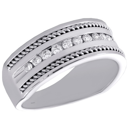 14K White Gold Round Diamond Turkish Wedding Band 8.50mm Rope Border Ring 1/2 CT