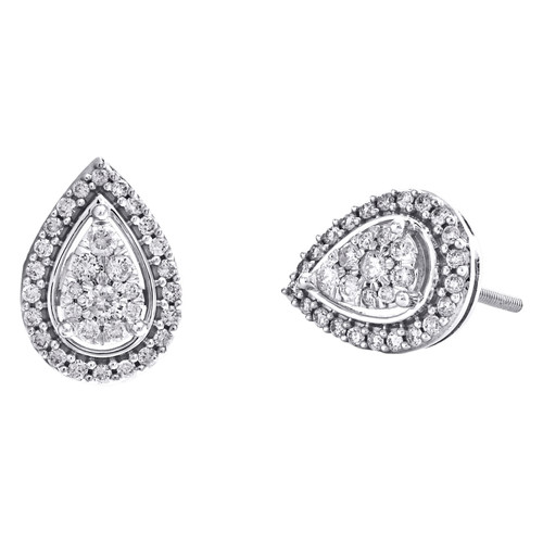 14K White Gold Round Diamond Cluster Teardrop Stud 13mm Halo Earrings 1/2 CT.