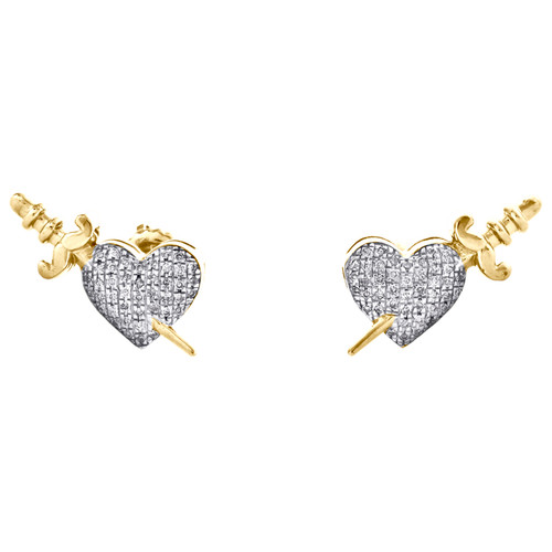 10K Yellow Gold Round Diamond Dagger Knife Heart Stud 16mm Pave Earrings 1/6 CT.