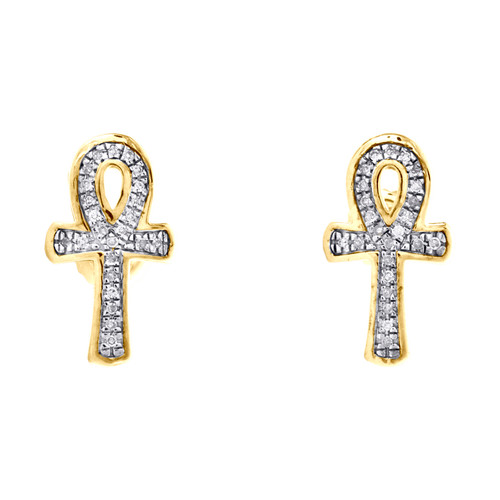 ohrstecker aus 10-karätigem Gelbgold mit runden Diamanten, ägyptisches Ankh-Kreuz, 9 mm Pavé-Fassung, 1/10 ct