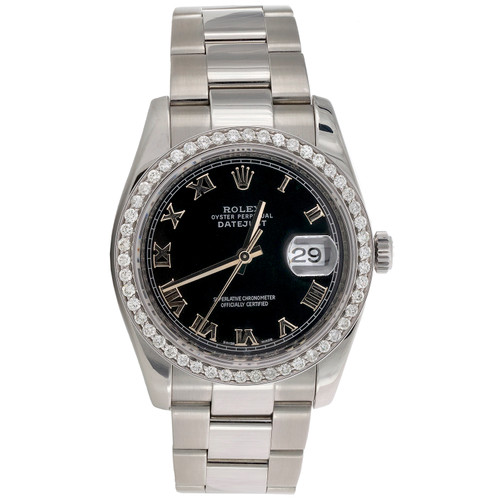 Mens Rolex DateJust 36 Diamond Watch 36mm Ref. # 116234 Black Roman Dial 1.50 CT