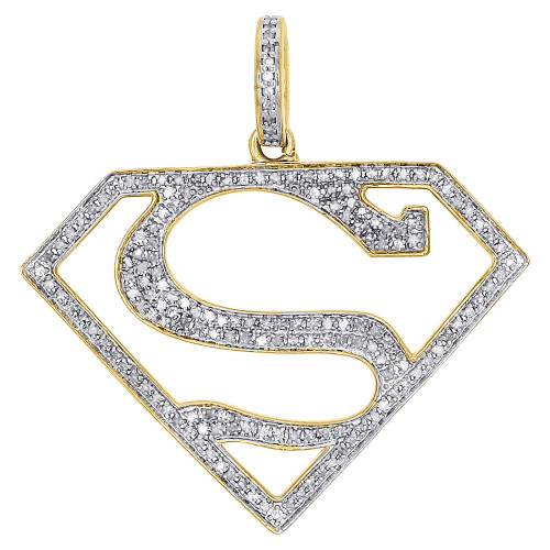 10K Yellow Gold Genuine Round Diamond Super Man Logo Pendant Pave Charm 0.50 Ct.