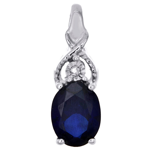 Sterling silver oval skapad blå safir diamant hänge skjutberlock 7/8 ct.