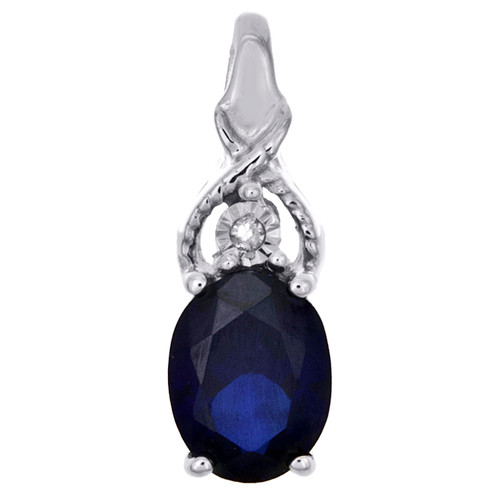 Sterling Silver Oval Created Blue Sapphire Diamond Pendant Slide Charm 7/8 CT.