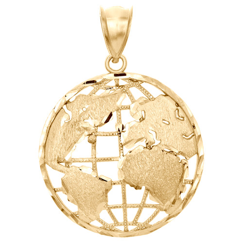 10K Yellow Two Tone Gold World Map Diamond Cut Pendant 1.50" Statement Charm